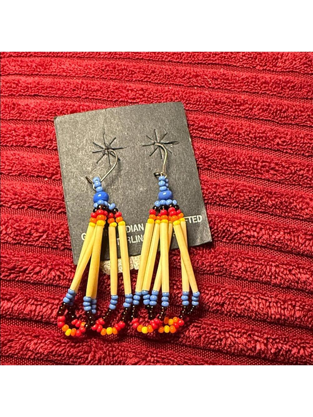 Beaded Dangle Earrings with Red and Blue Accents